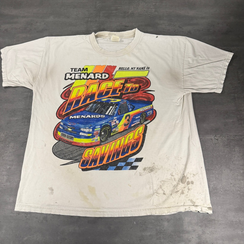 Vintage Team Menard Nascar T-Shirt Mens XL Racing White Jerzees Distressed Punk